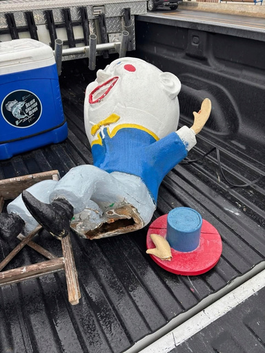 In this photo released by the Cape May Police Department N.J., a damaged Humpty Dumpty statue is seen in the back of a truck on Sept. 7, 2025, in Cape May, N.J., after vandals stole it from a miniature golf course and dumped it nearby. (Cape May Police Department via AP)