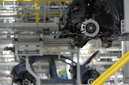 FILE - Vehicles move on the line at the Hyundai Motor Group Metaplant America, March 26, 2025, in Ellabell, Ga. (AP Photo/Mike Stewart, File)