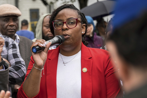 FILE - Rep. LaMonica McIver, D-N.J., demands the release of Newark Mayor Ras Baraka after his arrest while protesting outside Delaney Hall ICE detention facility, Friday, May 9, 2025, in Newark, N.J. (AP Photo/Angelina Katsanis, File)