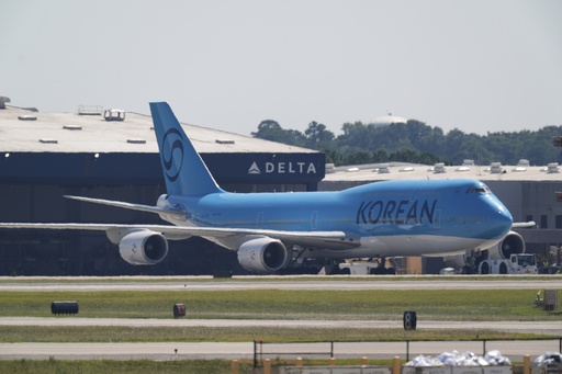 A Korean Air charter plane taxis at Hartsfield-Jackson International Airport in Atlanta, Wednesday, Sept. 10, 2025, in Atlanta. (AP Photo/Mike Stewart)