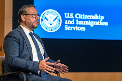 Director of U.S. Citizenship and Immigration Services Joseph Edlow speaks during an interview with the Associated Press at the agency's headquarters Monday, Sept. 8, 2025, in Camp Springs, Md. (AP Photo/Mark Schiefelbein)