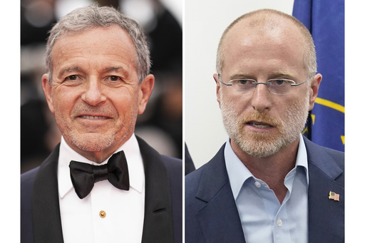 Disney CEO Bob Iger appears at the premiere of the film "Indiana Jones and the Dial of Destiny" at the 76th international film festival, Cannes, in France on May 18, 2023, left, and Brendan Carr, of the Federal Communications Commission, appears during a news conference in Miami on July 15, 2021. (AP Photo)