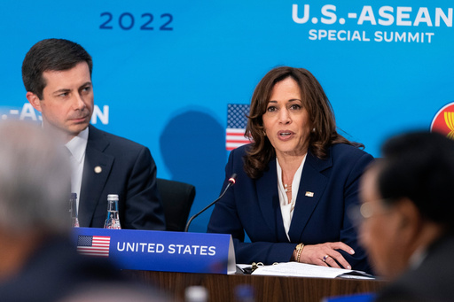 FILE - Vice President Kamala Harris, right, next to Transportation Secretary Pete Buttigieg, speaks during a plenary session of the US-ASEAN Summit, May 13, 2022, at the State Department in Washington. (AP Photo/Jacquelyn Martin, File)