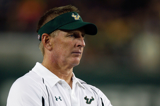 FILE - South Florida head coach Jim Leavitt watches his team play Charleston Southern during a NCAA college football game in Tampa, Fla., Sept. 19, 2009. (AP Photo/Chris O'Meara, File)