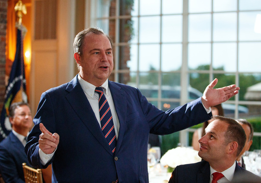 FILE - Newsmax CEO Chris Ruddy speaks during a dinner meeting with President Donald Trump and other business leaders on Aug. 7, 2018, at Trump National Golf Club in Bedminster, N.J. (AP Photo/Carolyn Kaster, File)