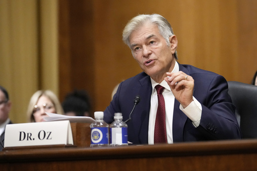 FILE - Dr. Mehmet Oz, President Donald Trump's pick to lead the Centers for Medicare and Medicaid Services, testifies at his confirmation hearing before the Senate Finance Committee on Capitol Hill in Washington, March 14, 2025. (AP Photo/Ben Curtis, File)