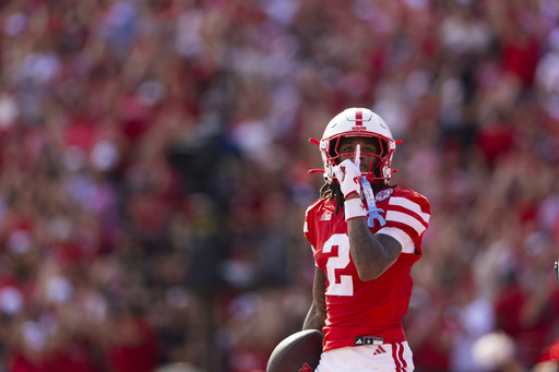 Nebraska wide receiver Jacory Barney Jr. (2) celebrates his touchdown against Michigan during the first half of an NCAA college football game Saturday, Sept. 20, 2025, in Lincoln, Neb. (AP Photo/Rebecca S. Gratz)