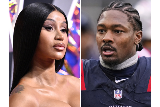 Cardi B appears at the MTV Video Music Awards in Newark, N.J. on Sept. 12, 2023,, left, and New England Patriots wide receiver Stefon Diggs appears at an NFL football game in Foxborough, Mass., on ept. 7, 2025. (AP Photo)