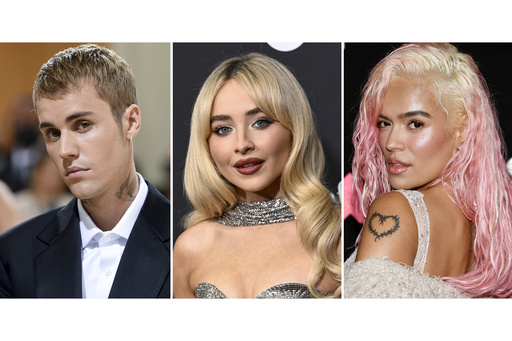 This combination of images shows Justin Bieber, from left, Sabrina Carpenter, and Karol G. (AP Photo)