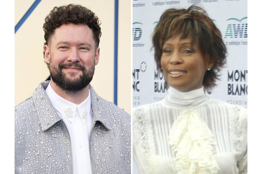 Calum Scott poses for photographers upon arrival at the launch event of the film 'Fantastic Four First Steps' on Thursday, July 10, 2025, in London, left, and Whitney Houston waves as she arrives for the "Women's World Awards" awarding ceremony in Hamburg, northern Germany, on Wednesday, June 9, 2004. (AP Photo)