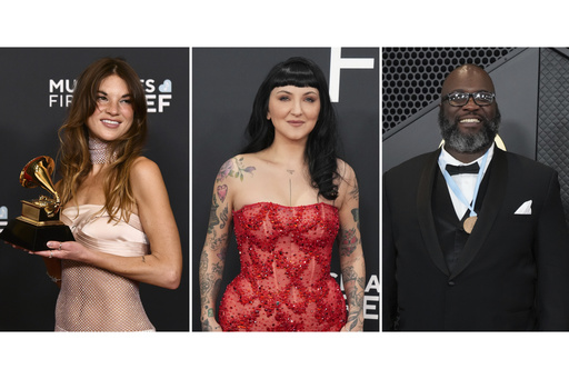 Amy Allen poses with the award for songwriter of the year, non-classical during the 67th annual Grammy Awards in Los Angeles on Feb. 2, 2025, left, Julia Michaels appears at the 67th annual Grammy Awards in Los Angeles on Feb. 2, 2025, center, and Sebastian Kole appears at the 66th annual Grammy Awards in Los Angeles on Feb. 4, 2024. (AP Photo)