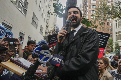 New York mayoral candidate Zohran Mamdani speaks at a rally with Hotel & Gaming Trades Council workers, in New York, Wednesday, Aug. 20, 2025. (AP Photo/Richard Drew)