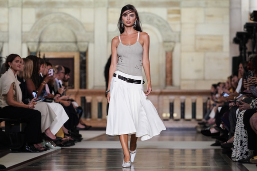 Emily Ratajkowski walks the runway during the Tory Burch spring/summer 2026 fashion show during New York Fashion Week, Monday, Sept. 15, 2025, in New York. (AP Photo/Yuki Iwamura)