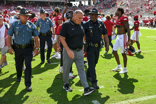 Arkansas coach Sam Pittman heads to the locker room following a loss to Notre Dame in an NCAA college football game Saturday, Sept. 27, 2025, in Fayetteville, Ark. (AP Photo/Michael Woods)