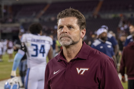 Virginia Tech head coach Brent Pry looks on after an NCAA college football game against Old Dominion, Saturday, Sept. 13, 2025, in Blacksburg, Va. (AP Photo/Robert Simmons)
