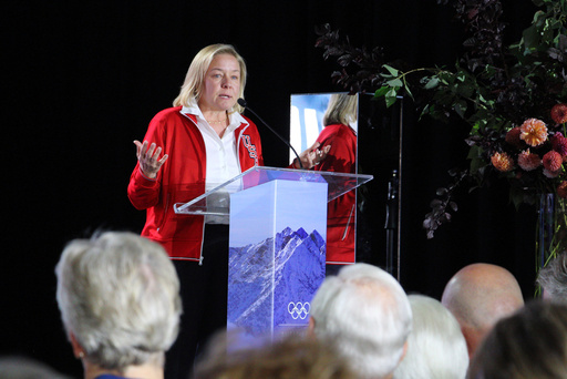 Sarah Hirshland, CEO of the U.S. Olympic Paralympic Committee, speaks at an event announcing a historic fundraising initiative for the 2034 Winter Olympics in Salt Lake City, Monday, Sept. 8, 2025. (AP Photo/Hannah Schoenbaum)