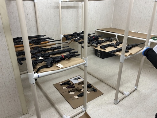 This image provided by Pierce County Sheriff's Office on Tuesday, Sept. 9, 2025 shows weapons seized from the home of a 13-year-old boy in Pierce County, Wa., who authorities said had appeared to idolize school shooters. (Pierce County Sheriff's Office via AP)
