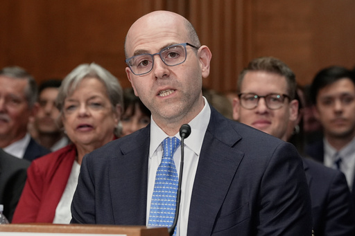 Stephen Miran testifies during a Senate Banking Committee hearing on his nomination to be a member of the Board of Governors of the Federal Reserve System, on Capitol Hill Thursday, Sept. 4, 2025, in Washington. (AP Photo/Mariam Zuhaib)
