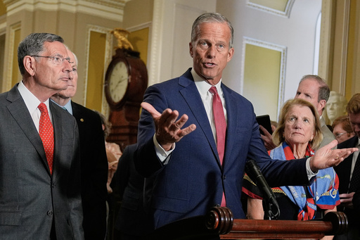 Senate Majority Leader John Thune, R-S.D., center, speaks during a news conference after a policy luncheon at the CapitolTuesday, Sept. 9, 2025, in Washington. (AP Photo/Mariam Zuhaib)