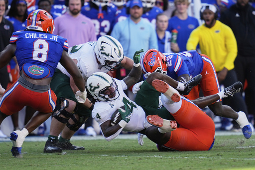 South Florida running back Sam Franklin (4) is stopped by Florida linebacker Jaden Robinson, right, and linebacker Aaron Chiles (8) during the first half of an NCAA college football game, Saturday, Sept. 6, 2025, in Gainesville, Fla. (AP Photo/John Raoux)