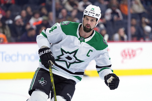 FILE - Dallas Stars' Jamie Benn skates during an NHL hockey game, Thursday, Jan. 9, 2025, in Philadelphia. (AP Photo/Matt Slocum, File)