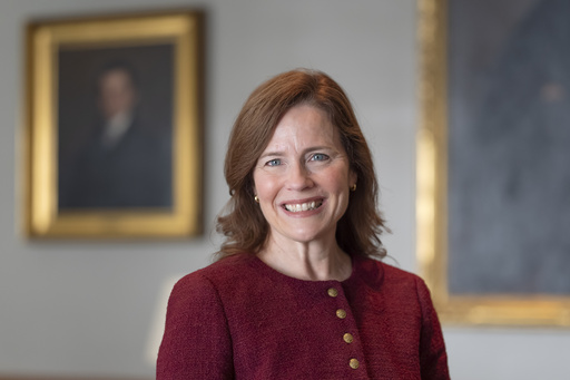 Supreme Court Associate Justice Amy Coney Barrett poses for a photo during an interview with The Associated Press, prior to the release of her new book, "Listening to the Law: Reflections on the Court and Constitution," about her path to the high court and her approach to the Constitution, at the Supreme Court in Washington, Wednesday, Sept. 3, 2025. (AP Photo/J. Scott Applewhite)