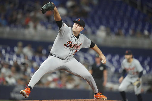 Detroit Tigers starting pitcher Tarik Skubal throws during the first inning of a baseball game against the Miami Marlins, Friday, Sept. 12, 2025, in Miami. (AP Photo/Lynne Sladky)