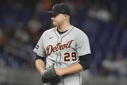 Detroit Tigers starting pitcher Tarik Skubal (29) stands on the mound after giving up a home run and a double during the second inning of a baseball game against the Miami Marlins, Friday, Sept. 12, 2025, in Miami. (AP Photo/Lynne Sladky)