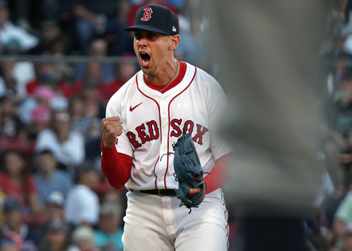 Boston Red Sox starting pitcher Jose De Leon reacts after recording the final out of the top of the sixth inning during a baseball game against the Detroit Tigers, Sunday, Sept. 28, 2025, in Boston. (AP Photo/Jim Davis)