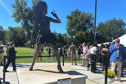A newly-unveiled statue of singer Tina Turner stands at a park on Saturday, Sept. 27, 2025, in Brownsville, Tenn. (AP Photo/Adrian Sainz).