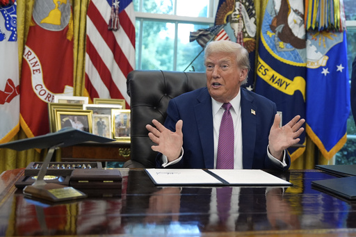 President Donald Trump speaks in the Oval Office of the White House, Friday, Sept. 5, 2025, in Washington. (AP Photo/Alex Brandon)