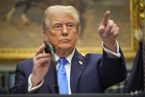 President Donald Trump speaks in the Roosevelt Room of the White House, Monday, Sept. 22, 2025, in Washington. (AP Photo/Mark Schiefelbein)