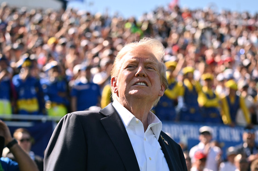President Donald Trump attends the Ryder Cup golf tournament at Bethpage Black Golf Course in Farmingdale, N.Y., Friday, Sept. 26, 2025. (Mandel Ngan/Pool Photo via AP)