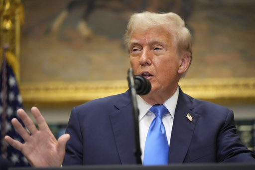 President Donald Trump speaks in the Roosevelt Room of the White House, Monday, Sept. 22, 2025, in Washington. (AP Photo/Mark Schiefelbein)