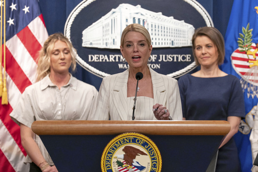 FILE - Attorney General Pam Bondi speaks during a news conference at the Department of Justice headquarters in Washington, Wednesday, April 16, 2025. (AP Photo/Jose Luis Magana, File)