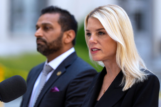 FILE - Attorney General Pam Bondi and FBI Director Kash Patel speak during a news conference at the Department of Justice, May 7, 2025, in Washington. (AP Photo/Alex Brandon, File)