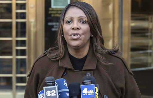 FILE - New York Attorney General Letitia James speaks during a news conference outside Manhattan federal court in New York, Feb. 14, 2025. (AP Photo/Yuki Iwamura, File)