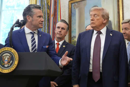 Defense Secretary Pete Hegseth speaks at an event with President Donald Trump on the relocation of U.S. Space Command headquarters from Colorado to Alabama in the Oval Office of the White House, Tuesday, Sept. 2, 2025, in Washington. (AP Photo/Mark Schiefelbein)