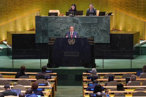 China Premier Li Qiang addresses the 80th session of the United Nations General Assembly, Friday, Sept. 26, 2025. (AP Photo/Richard Drew)