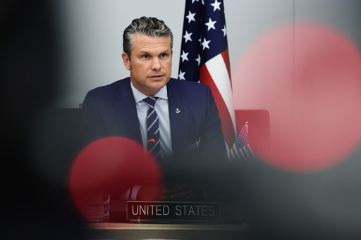 United States Defense Secretary Pete Hegseth addresses a meeting of the Ukraine Defense Contact Group at NATO headquarters in Brussels, Wednesday, Oct. 15, 2025 (AP Photo/Omar Havana)