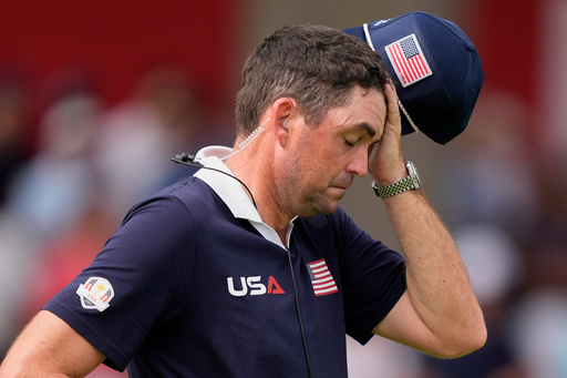 United States captain Keegan Bradley reacts on the second hole at Bethpage Black golf course during the Ryder Cup golf tournament, Saturday, Sept. 27, 2025, in Farmingdale, N.Y. (AP Photo/Robert Bukaty)