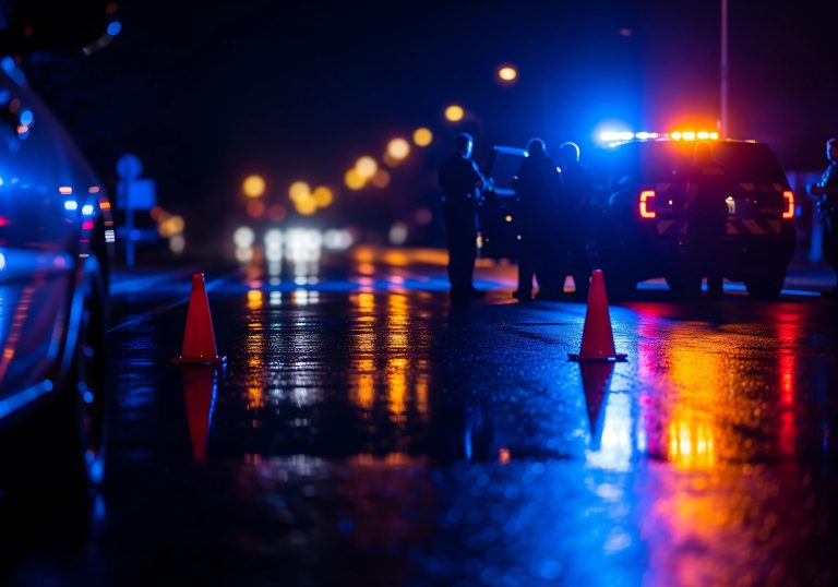 Police Checkpoint at Night with Officers Checking for Drunk Drivers on Busy Road with Flashing Lights – DUI Enforcement Scene