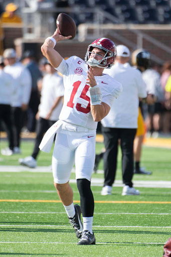 Alabama quarterback Ty Simpson warms up before an NCAA college football game Saturday, Oct. 11, 2025, in Columbia, Mo. (AP Photo/L.G. Patterson)