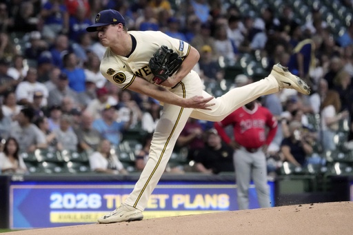 Milwaukee Brewers' Quinn Priester throws during the first inning of a baseball game against the Los Angeles Angels Thursday, Sept. 18, 2025, in Milwaukee. (AP Photo/Morry Gash)