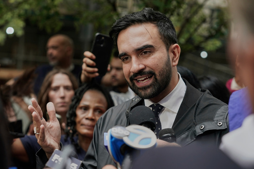 FILE - New York mayoral candidate Zohran Mamdani speaks at a rally with Hotel & Gaming Trades Council workers, in New York, Aug. 20, 2025. (AP Photo/Richard Drew, file)