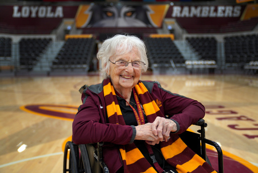 FILE - Sister Jean Dolores Schmidt, the Loyola University men's basketball chaplain and school celebrity, sits for a portrait in The Joseph J. Gentile Arena, on Monday, Jan. 23, 2023, in Chicago. T(AP Photo/Jessie Wardarski, file)