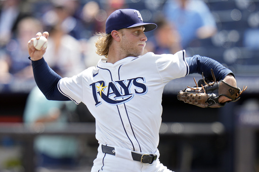 Tampa Bay Rays pitcher Shane Baz delivers to the Toronto Blue Jays during the first inning of a baseball game Thursday, Sept. 18, 2025, in Tampa, Fla. (AP Photo/Chris O'Meara)