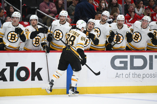 Boston Bruins right wing David Pastrnak (88) celebrates his goal during the second period of an NHL hockey game against the Washington Capitals, Wednesday, Oct. 8, 2025, in Washington. (AP Photo/Nick Wass)