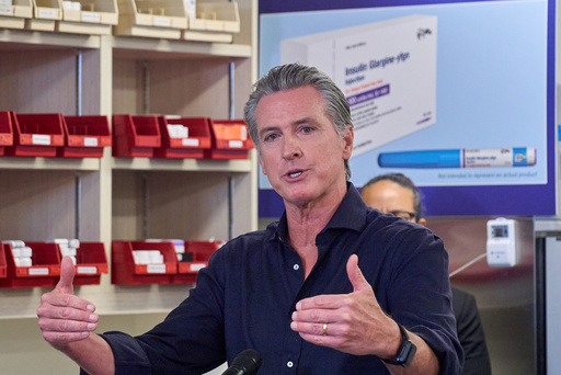 California Gov. Gavin Newsom announces CalRx-branded insulin glargine pens available next Jan. 1, 2026, at a suggested retail price of no more than $55 per five-pack, or $11 per pen, during a news conference at Cedar-Sinai's Mark Goodson pharmacy in Los Angeles, Thursday, Oct. 16, 2025. (AP Photo/Damian Dovarganes)