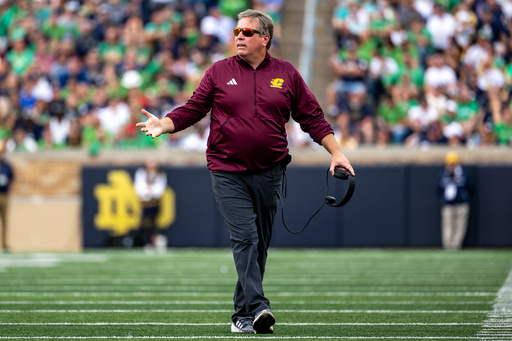 FILE - Central Michigan head coach Jim McElwain reacts during an NCAA football game against Notre Dame on Sept. 16, 2023, in South Bend, Ind. (AP Photo/Doug McSchooler, File)